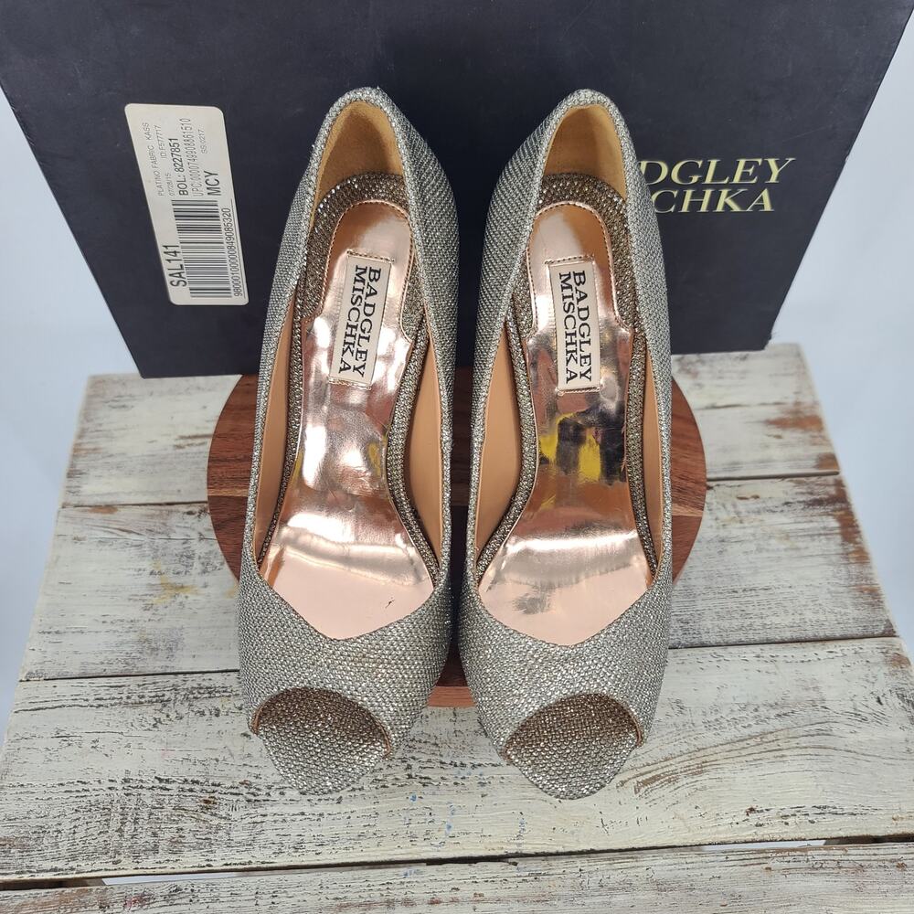 Badgley Mischka Cassidy II Peep Toe Heels Sz 7 Silver sparkle Pumps Party formal - Picture 4 of 12